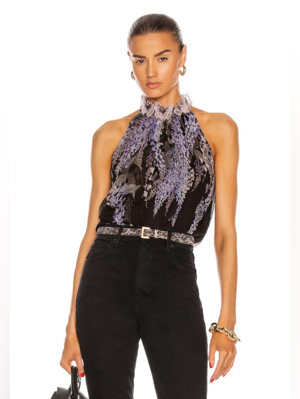 ZIMMERMANN Botanica Black Lavender Tea Silk Top with Butterfly Appliqués $425 - Picture 15 of 16